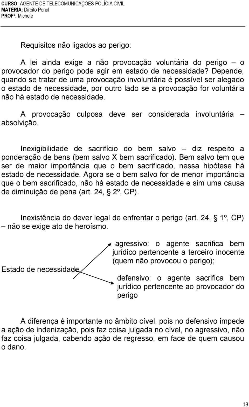 A provocação culposa deve ser considerada involuntária absolvição. Inexigibilidade de sacrifício do bem salvo diz respeito a ponderação de bens (bem salvo X bem sacrificado).