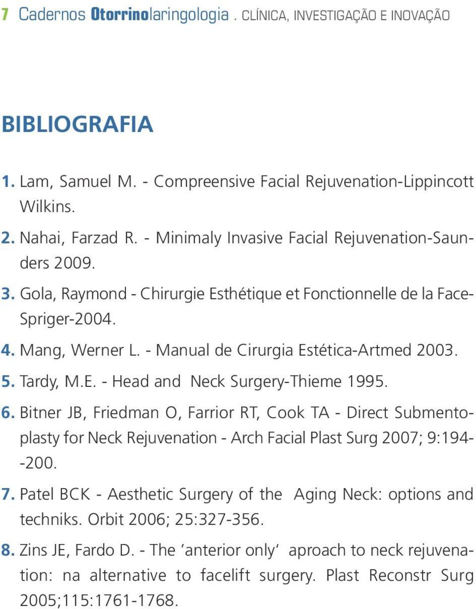 5. Tardy, M.E. - Head and Neck Surgery-Thieme 1995. 6. Bitner JB, Friedman O, Farrior RT, Cook TA - Direct Submentoplasty for Neck Rejuvenation - Arch Facial Plast Surg 2007; 9:194- -200. 7.