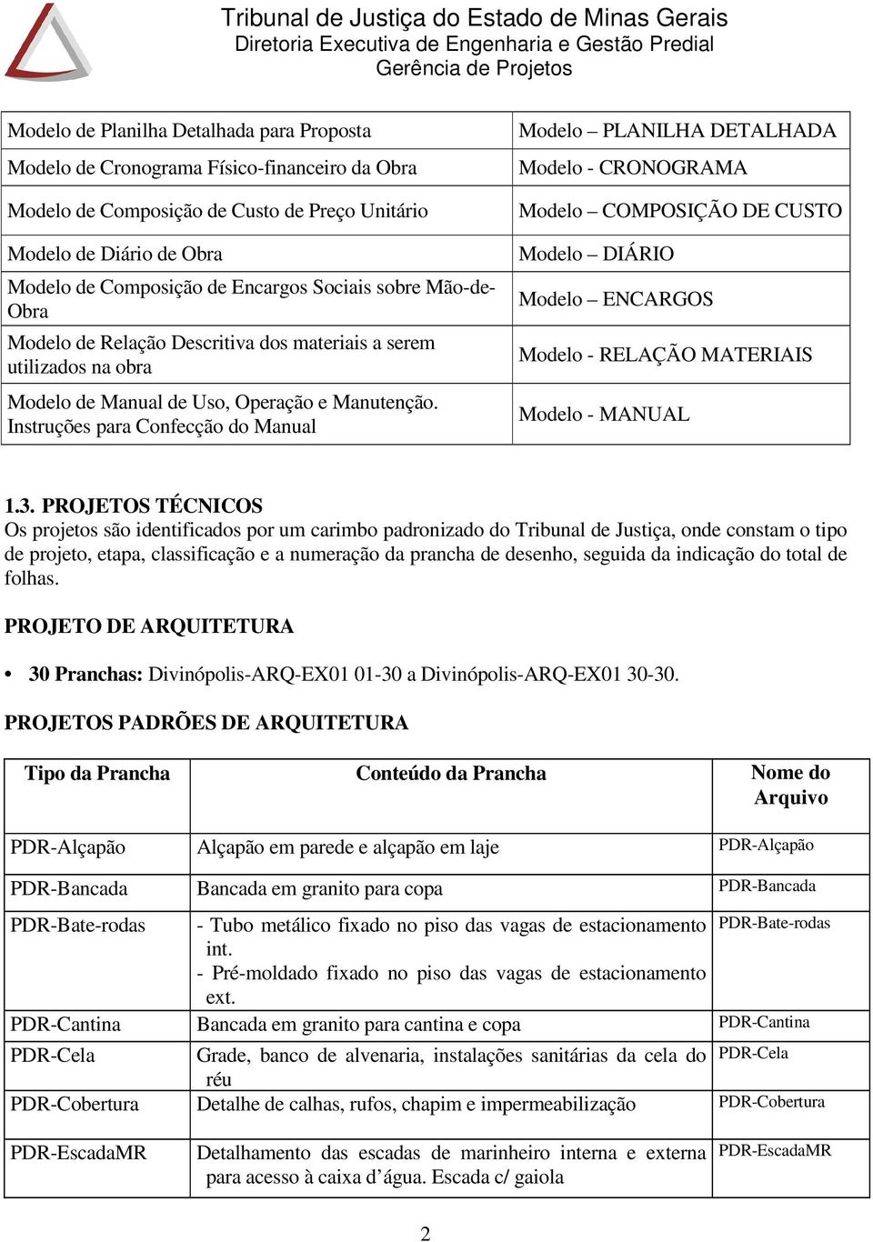 Instruções para Confecção do Manual Modelo PLANILHA DETALHADA Modelo - CRONOGRAMA Modelo COMPOSIÇÃO DE CUSTO Modelo DIÁRIO Modelo ENCARGOS Modelo - RELAÇÃO MATERIAIS Modelo - MANUAL 1.3.