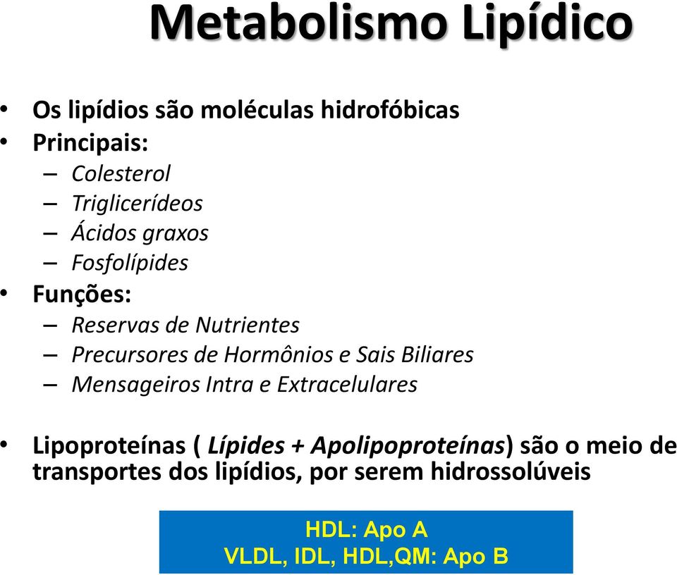 Hormônios e Sais Biliares Mensageiros Intra e Extracelulares Lipoproteínas ( Lípides +