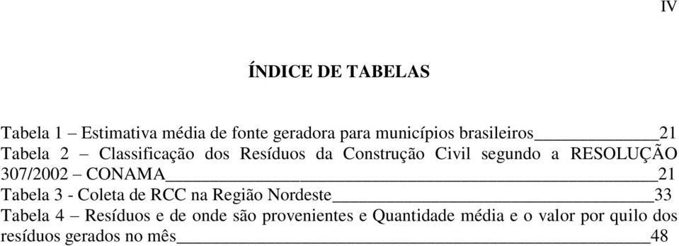 RESOLUÇÃO 307/2002 CONAMA 21 Tabela 3 - Coleta de RCC na Região Nordeste 33 Tabela 4