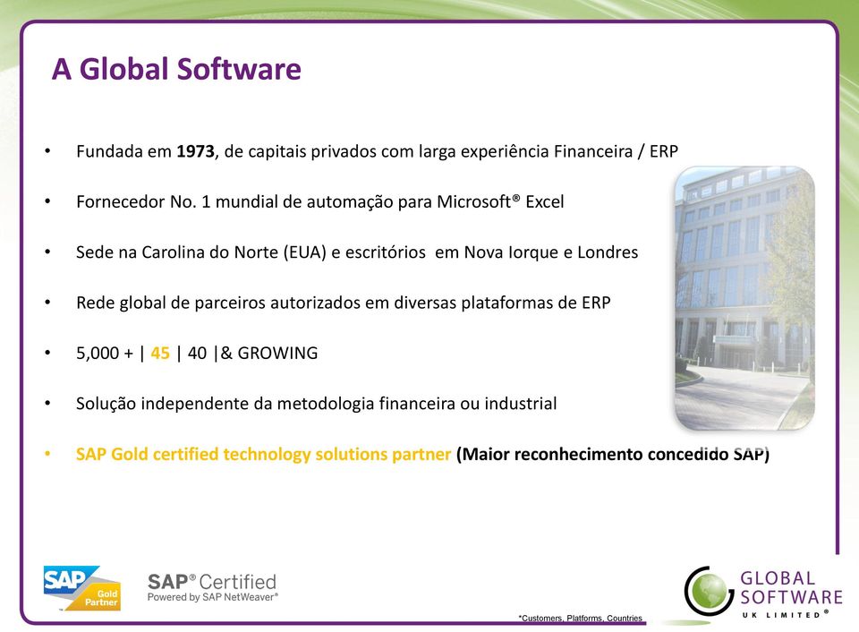 global de parceiros autorizados em diversas plataformas de ERP 5,000 + 45 40 & GROWING Solução independente da metodologia
