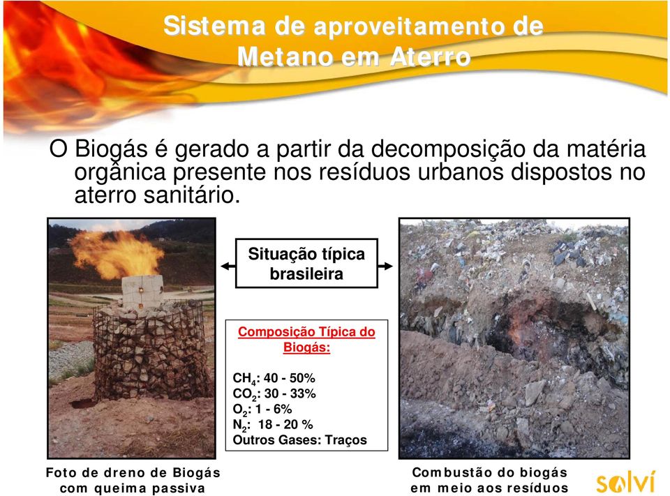 Situação típica brasileira Composição Típica do Biogás: CH 4 : 40-50% CO 2 : 30-33% O 2 : 1-6% N 2 :