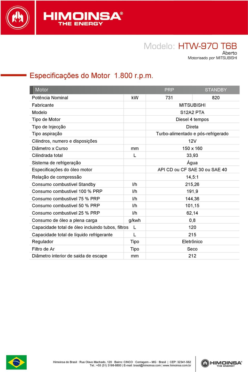 Turbo-alimentado e pós-refrigerado Diâmetro x Curso mm 150 x 160 Cilindrada total L 33,93 Sistema de refrigeração 12V Água Especificações do óleo motor API CD ou CF SAE 30 ou SAE 40 Relação de