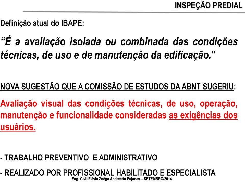 NOVA SUGESTÃO QUE A COMISSÃO DE ESTUDOS DA ABNT SUGERIU: Avaliação visual das condições técnicas, de uso,