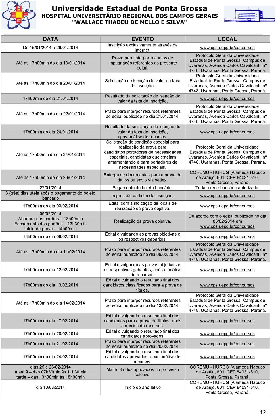 Solicitação de isenção do valor da taxa de inscrição. Resultado da solicitação de isenção do valor da taxa de inscrição. Prazo para interpor recursos referentes ao edital publicado no dia 21/01/2014.