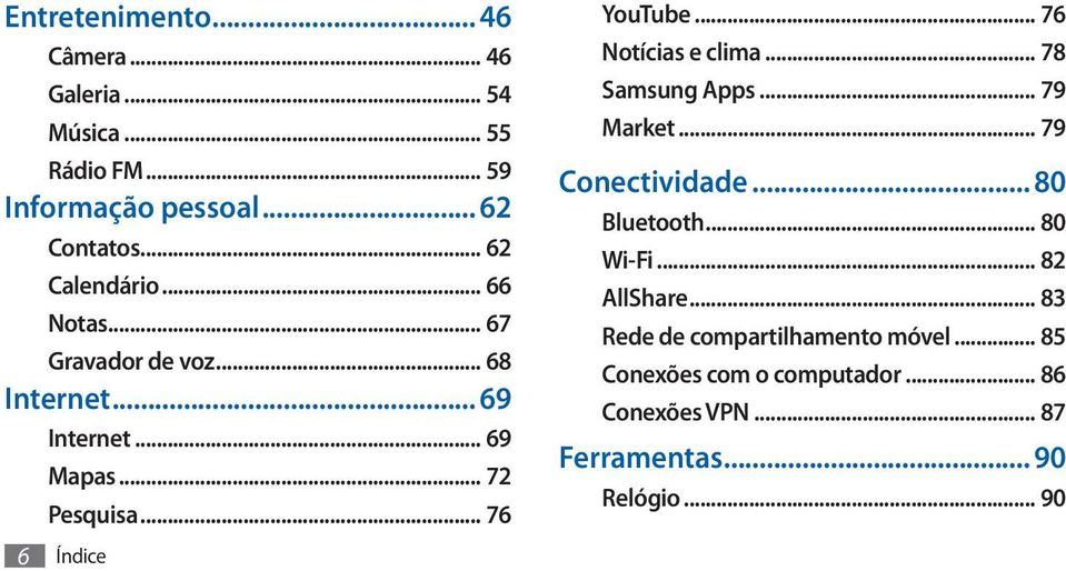 .. 76 Índice YouTube... 76 Notícias e clima... 78 Samsung Apps... 79 Market... 79 Conectividade... 80 Bluetooth.