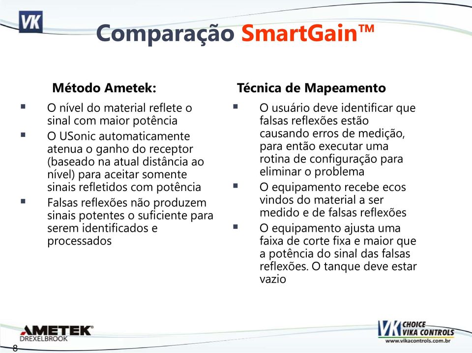 Mapeamento O usuário deve identificar que falsas reflexões estão causando erros de medição, para então executar uma rotina de configuração para eliminar o problema O equipamento