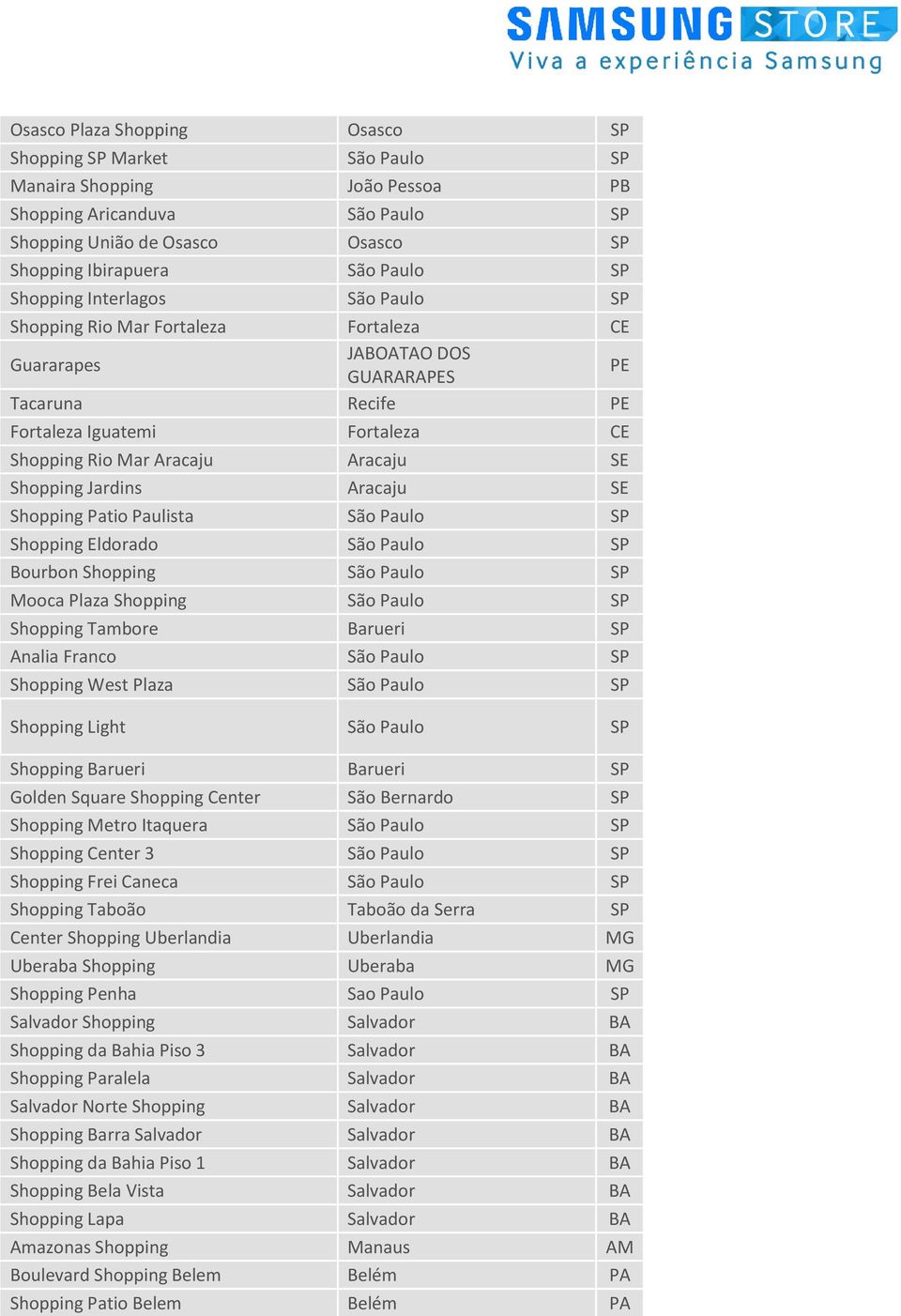 Shopping Jardins Aracaju SE Shopping Patio Paulista São Paulo SP Shopping Eldorado São Paulo SP Bourbon Shopping São Paulo SP Mooca Plaza Shopping São Paulo SP Shopping Tambore Barueri SP Analia