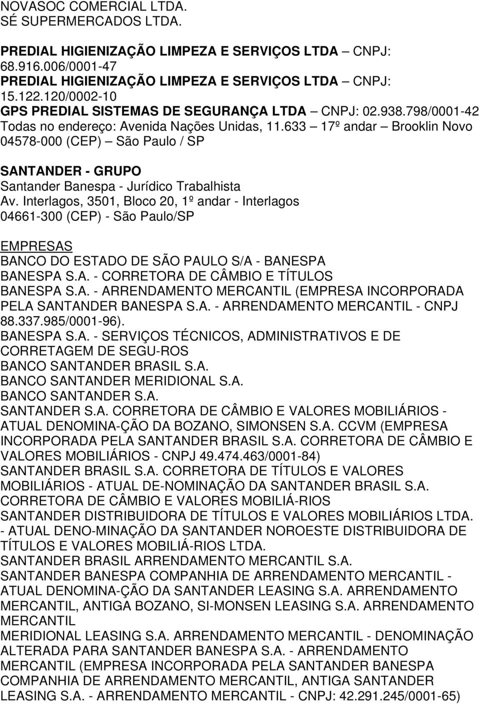 633 17º andar Brooklin Novo 04578-000 (CEP) São Paulo / SP SANTANDER - GRUPO Santander Banespa - Jurídico Trabalhista Av.