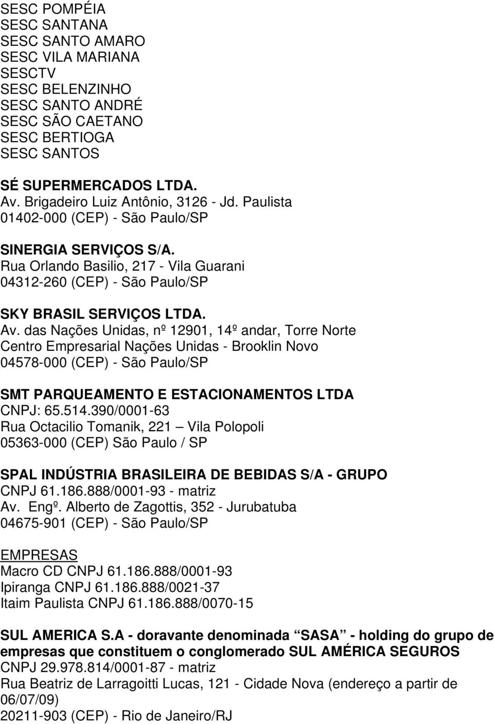 das Nações Unidas, nº 12901, 14º andar, Torre Norte Centro Empresarial Nações Unidas - Brooklin Novo 04578-000 (CEP) - São Paulo/SP SMT PARQUEAMENTO E ESTACIONAMENTOS LTDA CNPJ: 65.514.