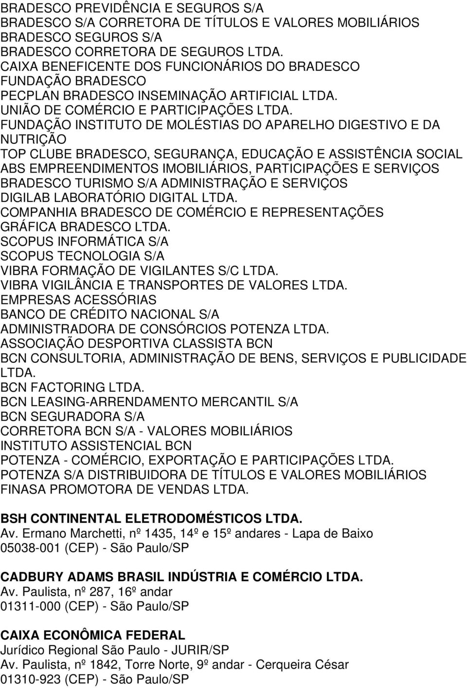 FUNDAÇÃO INSTITUTO DE MOLÉSTIAS DO APARELHO DIGESTIVO E DA NUTRIÇÃO TOP CLUBE BRADESCO, SEGURANÇA, EDUCAÇÃO E ASSISTÊNCIA SOCIAL ABS EMPREENDIMENTOS IMOBILIÁRIOS, PARTICIPAÇÕES E SERVIÇOS BRADESCO