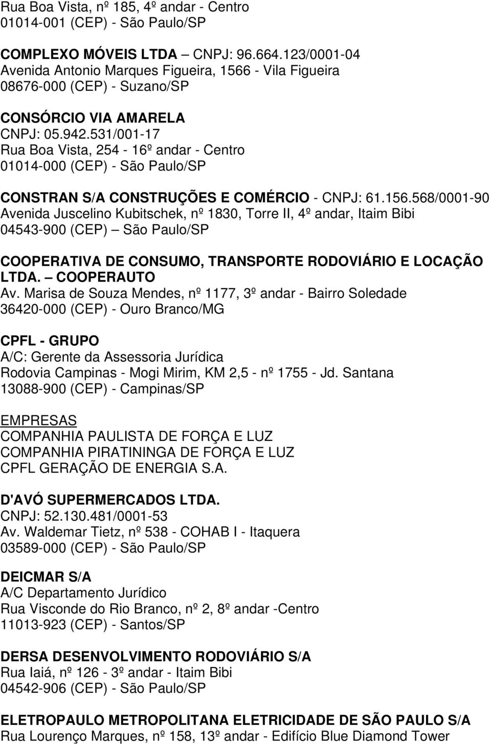 531/001-17 Rua Boa Vista, 254-16º andar - Centro 01014-000 (CEP) - São Paulo/SP CONSTRAN S/A CONSTRUÇÕES E COMÉRCIO - CNPJ: 61.156.