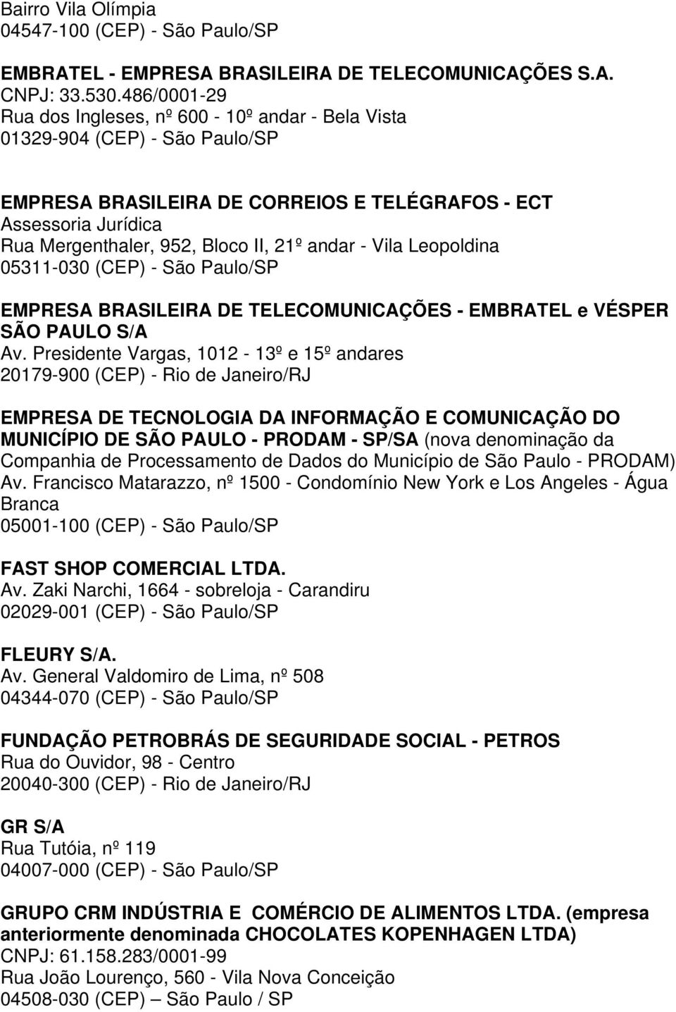 andar - Vila Leopoldina 05311-030 (CEP) - São Paulo/SP EMPRESA BRASILEIRA DE TELECOMUNICAÇÕES - EMBRATEL e VÉSPER SÃO PAULO S/A Av.