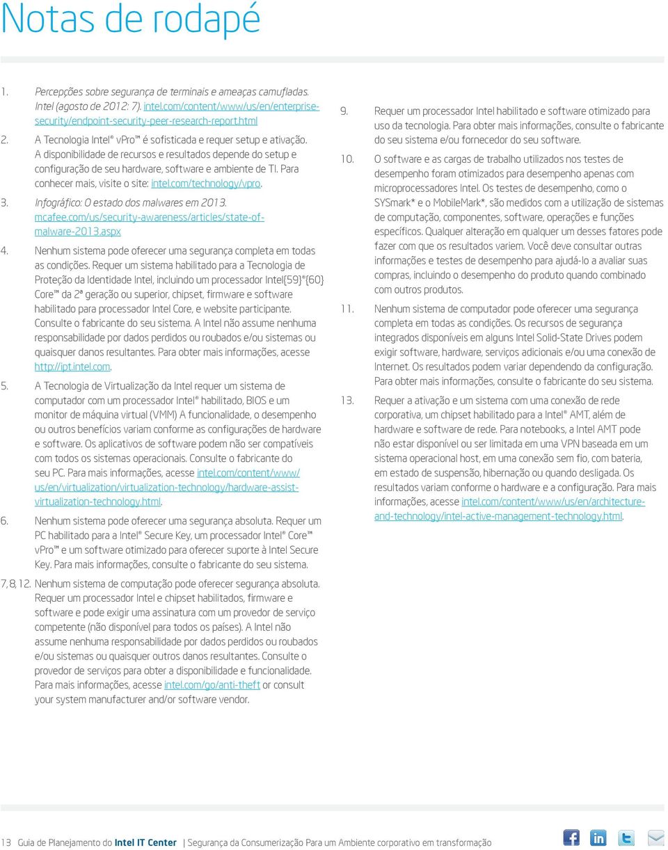 Para conhecer mais, visite o site: intel.com/technology/vpro. 3. Infográfico: O estado dos malwares em 2013. mcafee.com/us/security-awareness/articles/state-ofmalware-2013.aspx 4.