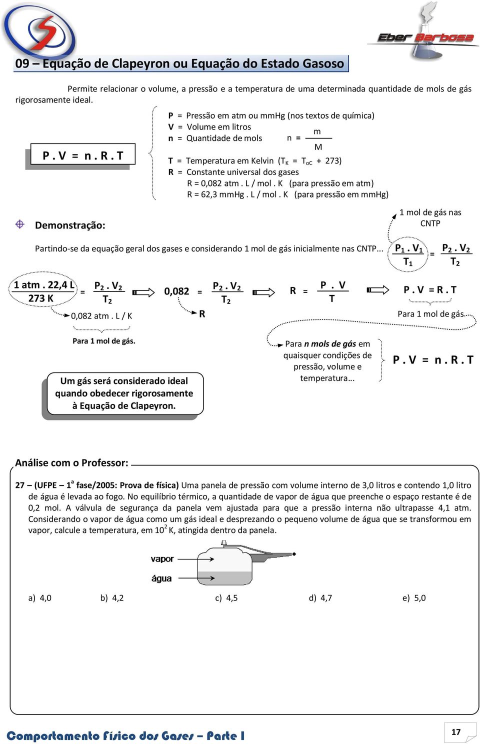 = 0,082 atm. L / mol. K (para pressão em atm) R = 62,3 mmhg. L / mol. K (para pressão em mmhg) 1 mol de gás nas CNTP Partindo-se da equação geral dos gases e considerando 1 mol de gás inicialmente nas CNTP.