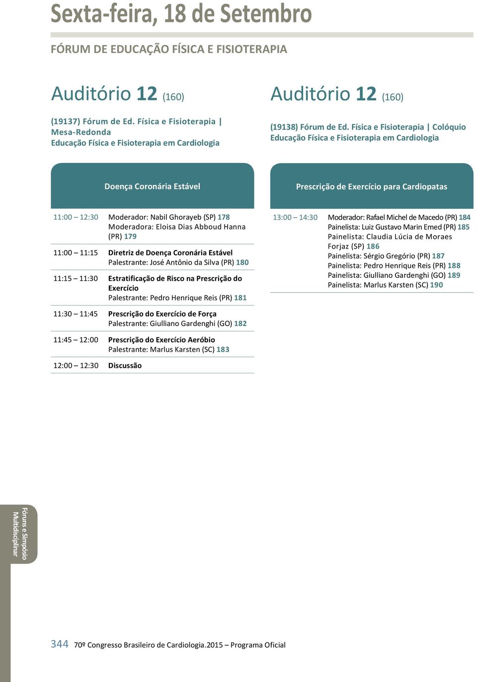 Física e Fisioterapia Colóquio Educação Física e Fisioterapia em Cardiologia Doença Coronária Estável Prescrição de Exercício para Cardiopatas 11:00 12:30 Moderador: Nabil Ghorayeb (SP) 178