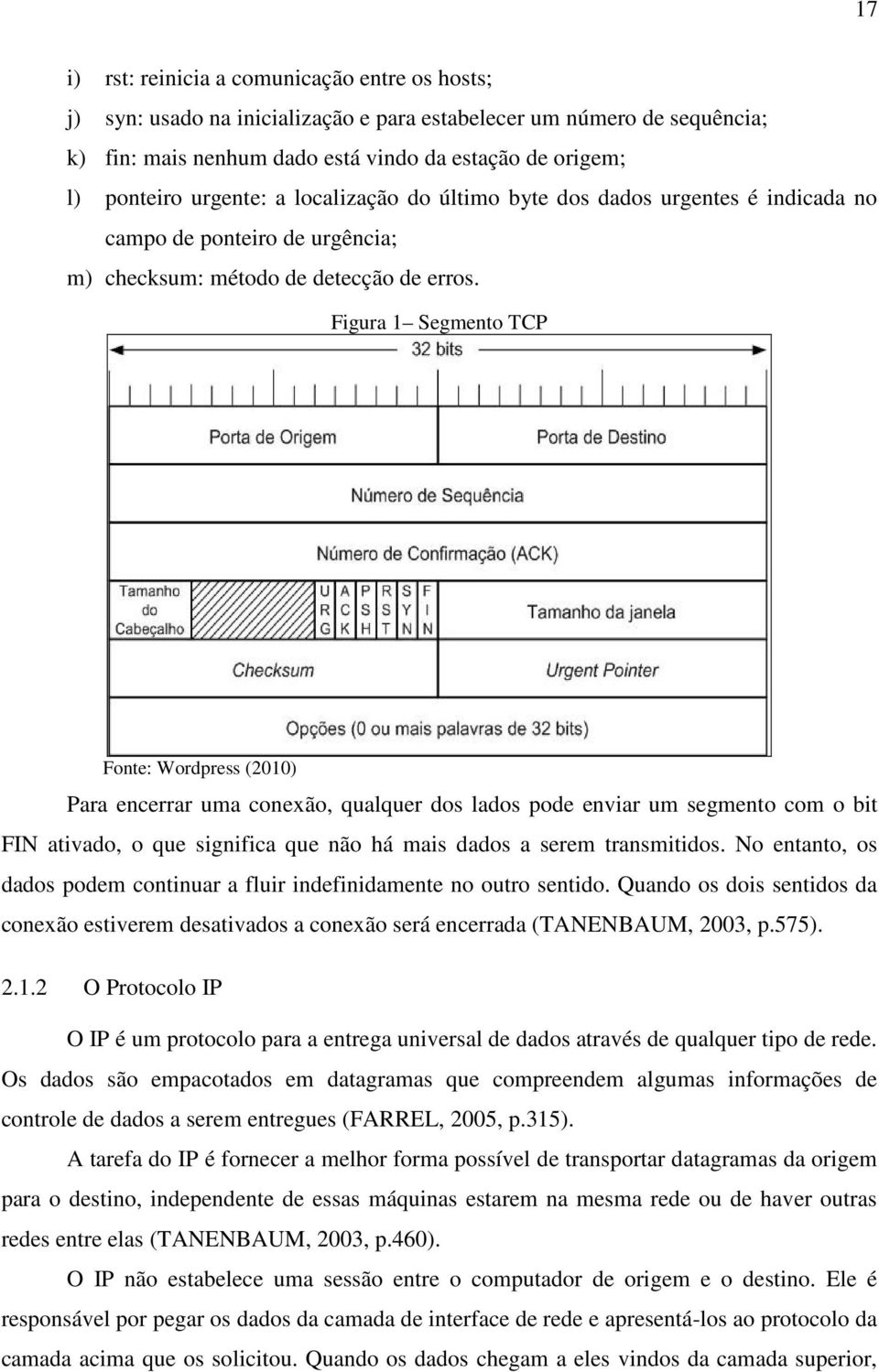 Figura 1 Segmento TCP Fonte: Wordpress (2010) Para encerrar uma conexão, qualquer dos lados pode enviar um segmento com o bit FIN ativado, o que significa que não há mais dados a serem transmitidos.