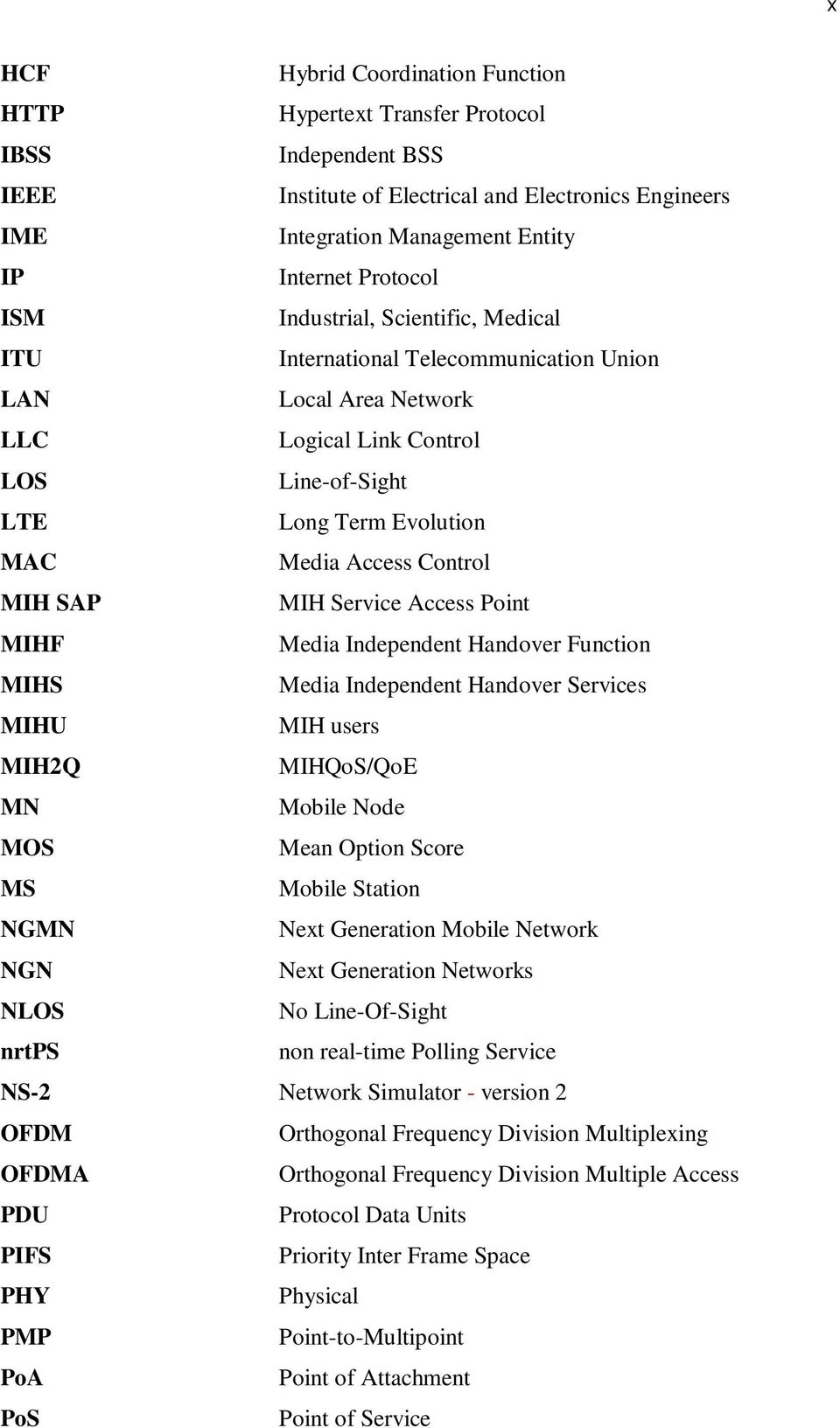 SAP MIH Service Access Point MIHF Media Independent Handover Function MIHS Media Independent Handover Services MIHU MIH users MIH2Q MIHQoS/QoE MN Mobile Node MOS Mean Option Score MS Mobile Station