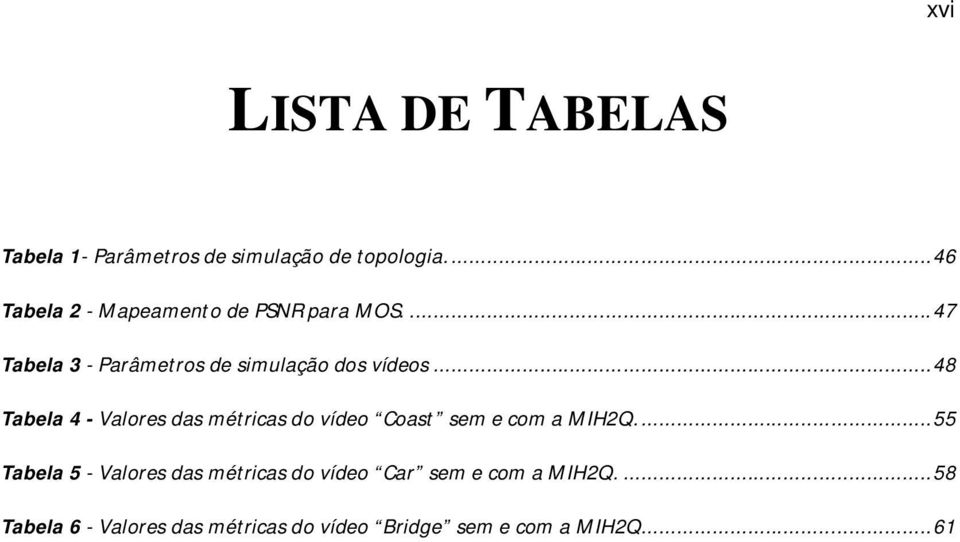 .. 48 Tabela 4 - Valores das métricas do vídeo Coast sem e com a MIH2Q.