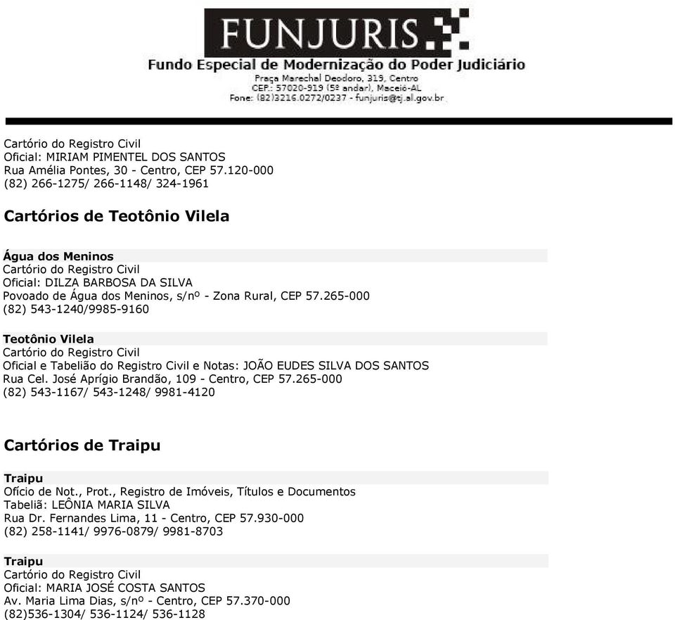 265-000 (82) 543-1240/9985-9160 Teotônio Vilela Oficial e Tabelião do Registro Civil e Notas: JOÃO EUDES SILVA DOS SANTOS Rua Cel. José Aprígio Brandão, 109 - Centro, CEP 57.