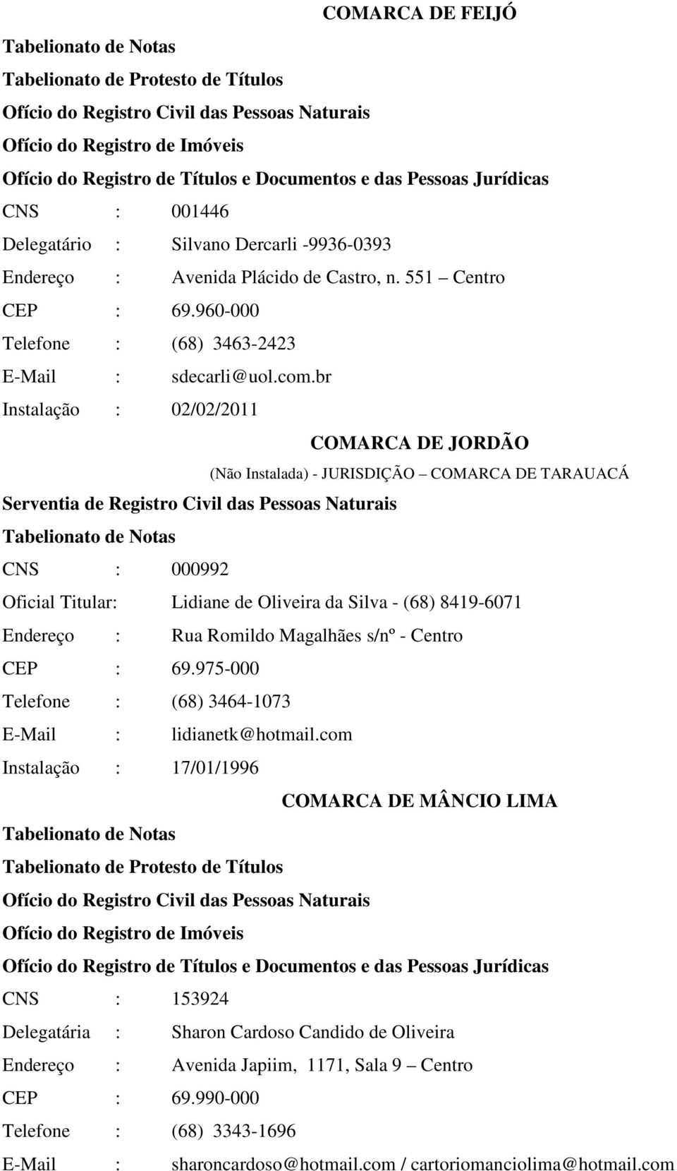 Silva - (68) 8419-6071 Endereço : Rua Romildo Magalhães s/nº - Centro CEP : 69.975-000 Telefone : (68) 3464-1073 E-Mail : lidianetk@hotmail.