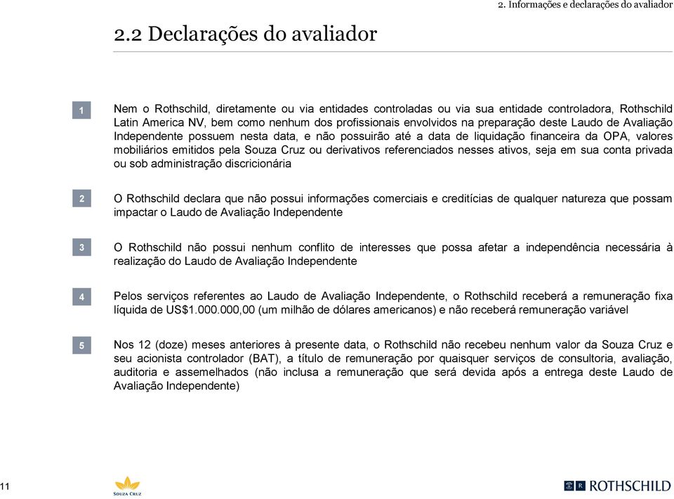 envolvidos na preparação deste Laudo de Avaliação Independente possuem nesta data, e não possuirão até a data de liquidação financeira da OPA, valores mobiliários emitidos pela Souza Cruz ou