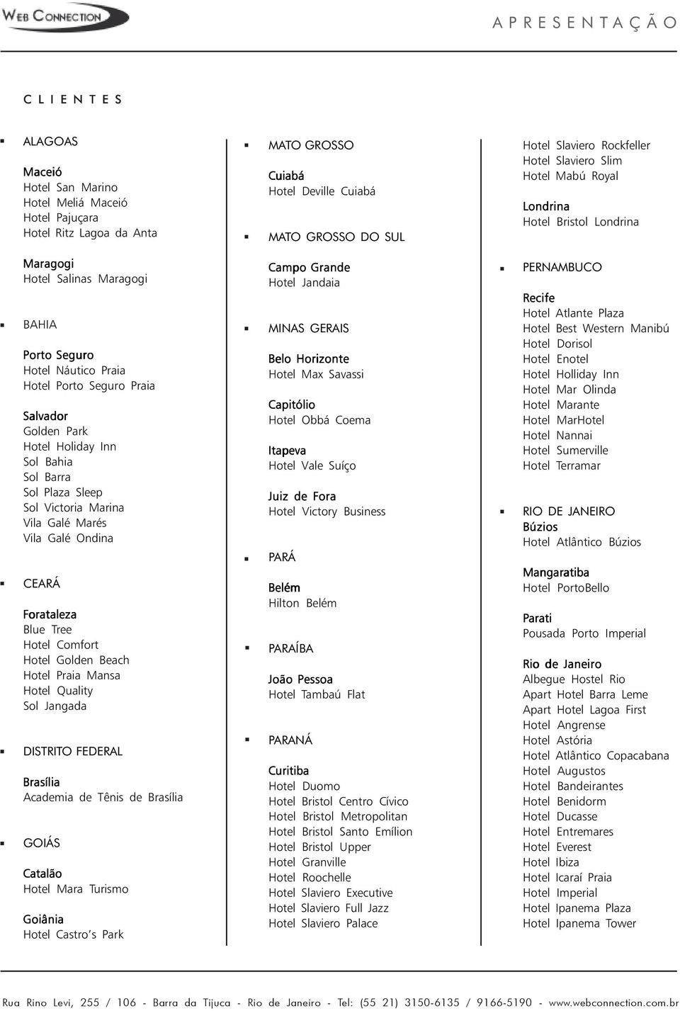 Praia Mansa Hotel Quality Sol Jangada DISTRITO FEDERAL Brasília Academia de Tênis de Brasília GOIÁS Catalão Hotel Mara Turismo Goiânia Hotel Castro s Park MATO GROSSO Cuiabá Hotel Deville Cuiabá MATO