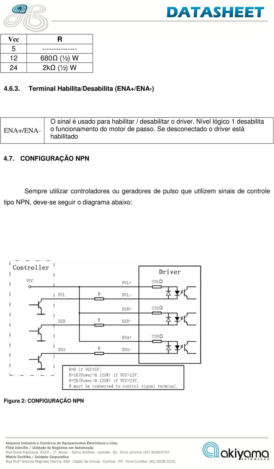 Nível lógico 1 desabilita o funcionamento do motor de passo. Se desconectado o driver está habilitado 4.7.