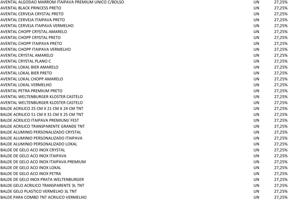 CRYSTAL AMARELO UN 27,25% AVENTAL CRYSTAL PLANO C UN 27,25% AVENTAL LOKAL BIER AMARELO UN 27,25% AVENTAL LOKAL BIER PRETO UN 27,25% AVENTAL LOKAL CHOPP AMARELO UN 27,25% AVENTAL LOKAL VERMELHO UN