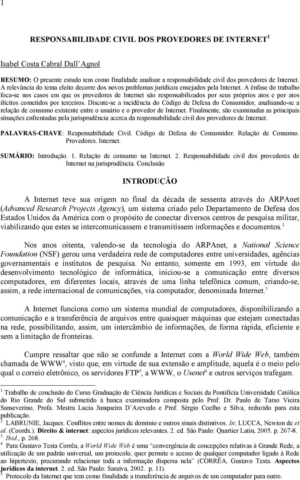 A ênfase do trabalho foca-se nos casos em que os provedores de Internet são responsabilizados por seus próprios atos e por atos ilícitos cometidos por terceiros.