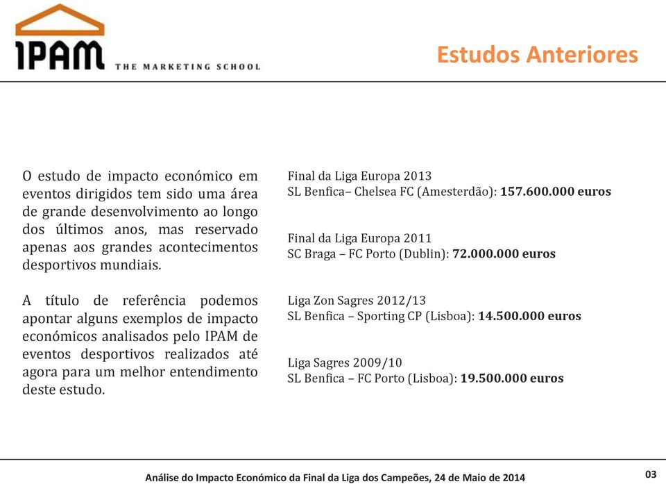 A título de referência podemos apontar alguns exemplos de impacto económicos analisados pelo IPAM de eventos desportivos realizados até agora para um melhor entendimento deste estudo.