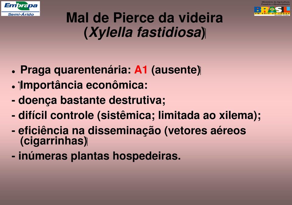 difícil controle (sistêmica; limitada ao xilema); - eficiência na