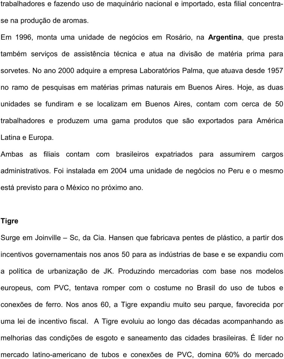 No ano 2000 adquire a empresa Laboratórios Palma, que atuava desde 1957 no ramo de pesquisas em matérias primas naturais em Buenos Aires.