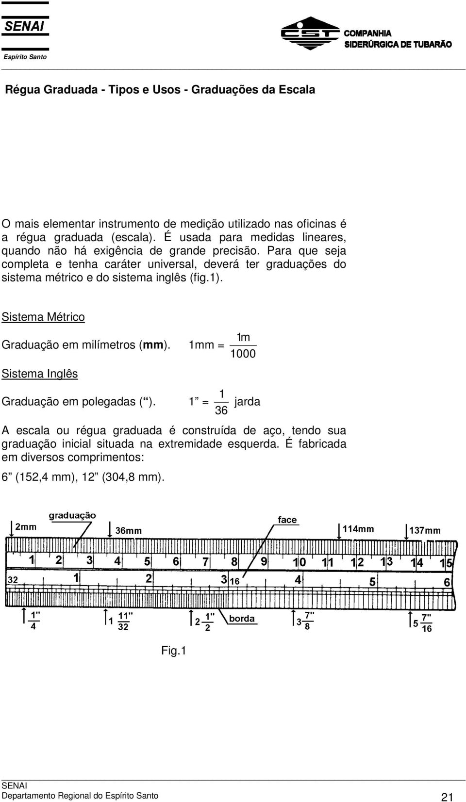 Para que seja completa e tenha caráter universal, deverá ter graduações do sistema métrico e do sistema inglês (fig.1). Sistema Métrico Graduação em milímetros (mm).