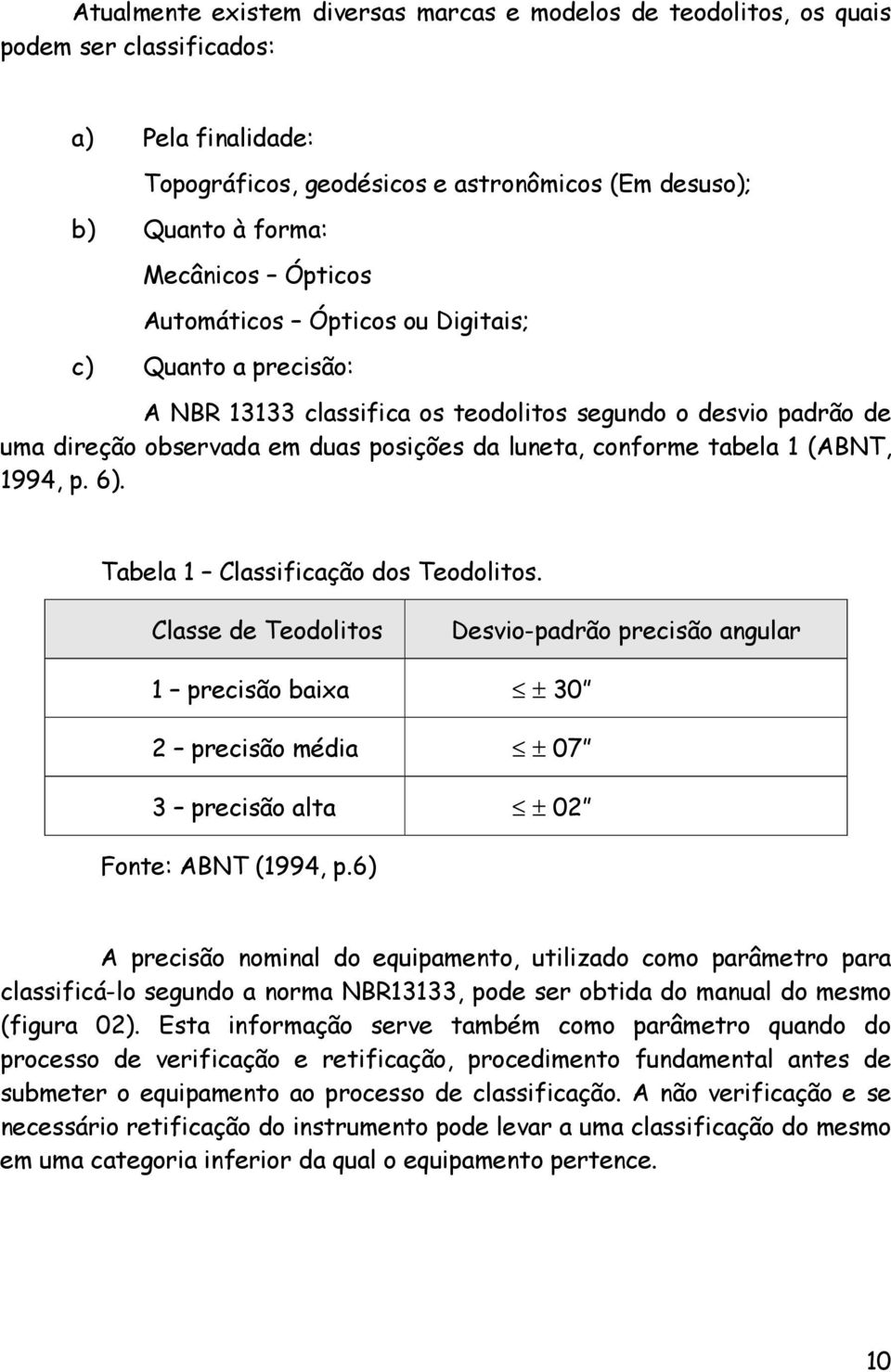 (ABNT, 1994, p. 6). Tabela 1 Classificação dos Teodolitos. Classe de Teodolitos Desvio-padrão precisão angular 1 precisão baixa ± 30 2 precisão média ± 07 3 precisão alta ± 02 Fonte: ABNT (1994, p.