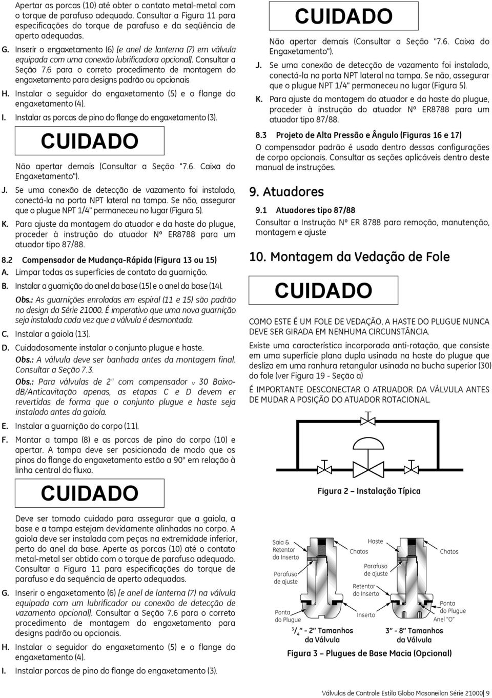 6 para o correto procedimento de montagem do engaxetamento para designs padrão ou opcionais H. Instalar o seguidor do engaxetamento (5) e o flange do engaxetamento (4). I. Instalar as porcas de pino do flange do engaxetamento (3).