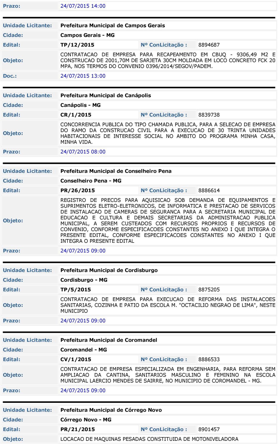 : 24/07/2015 13:00 Prefeitura Municipal de Canápolis Canápolis - MG Edital: CR/1/2015 Nº ConLicitação : 8839738 CONCORRENCIA PUBLICA DO TIPO CHAMADA PUBLICA, PARA A SELECAO DE EMPRESA DO RAMO DA