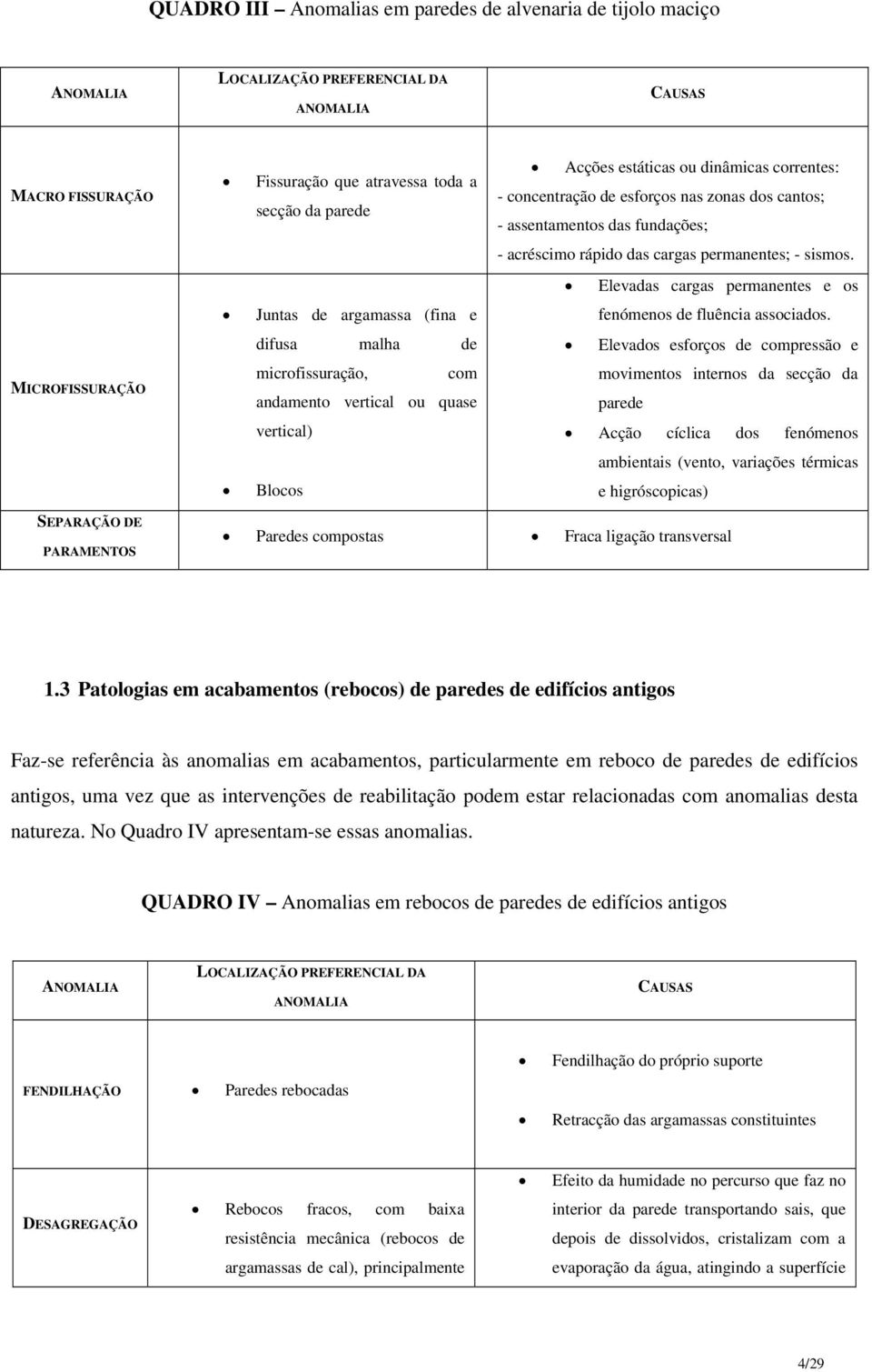 - assentamentos das fundações; - acréscimo rápido das cargas permanentes; - sismos. Elevadas cargas permanentes e os fenómenos de fluência associados.