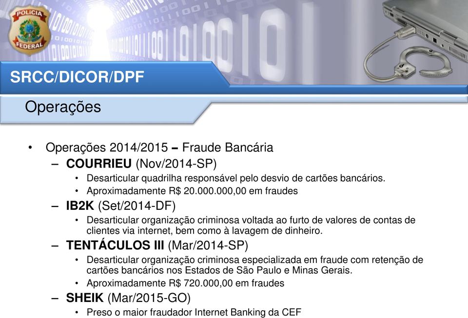 000,00 em fraudes IB2K (Set/2014-DF) Desarticular organização criminosa voltada ao furto de valores de contas de clientes via internet, bem como à lavagem