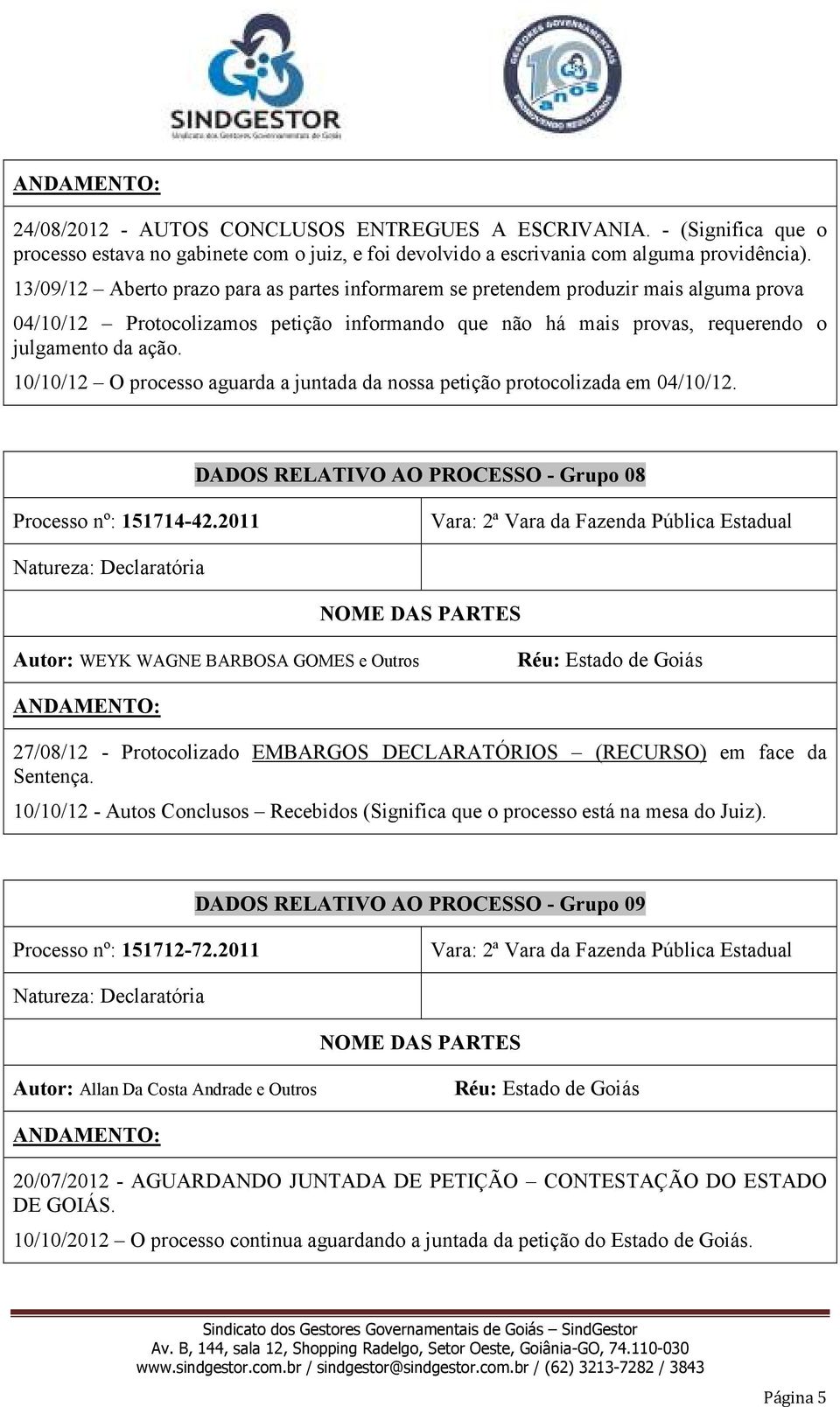 10/10/12 O processo aguarda a juntada da nossa petição protocolizada em 04/10/12. - Grupo 08 Processo nº: 151714-42.