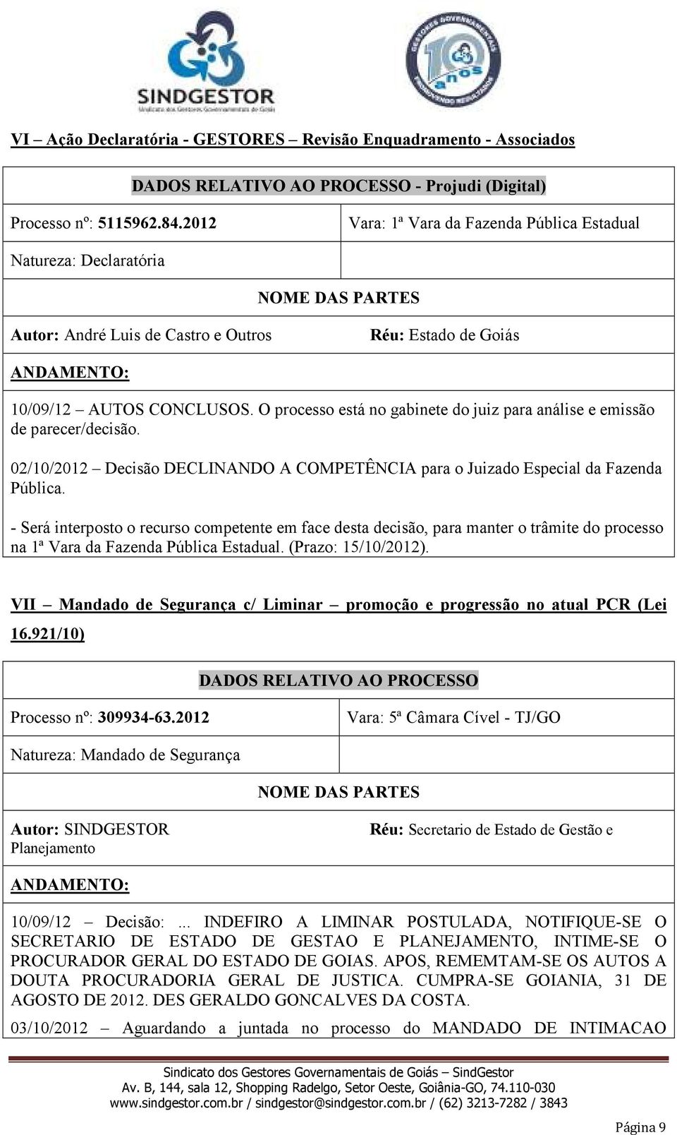 02/10/2012 Decisão DECLINANDO A COMPETÊNCIA para o Juizado Especial da Fazenda Pública.