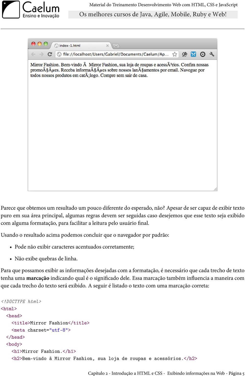 usuário final. Usando o resultado acima podemos concluir que o navegador por padrão: Pode não exibir caracteres acentuados corretamente; Não exibe quebras de linha.