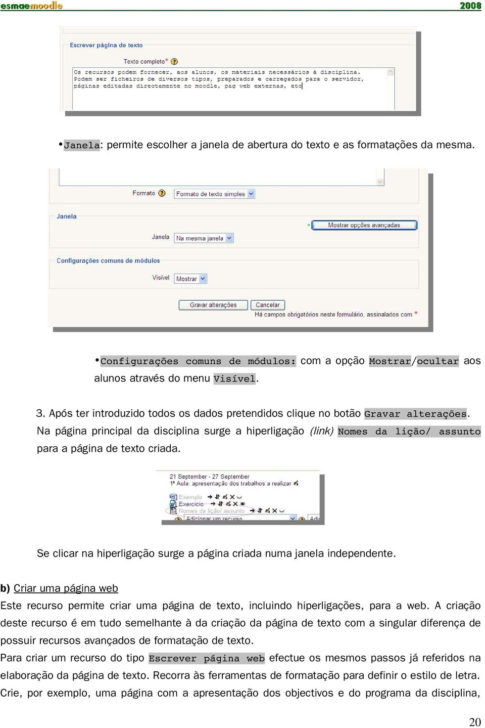 Se clicar na hiperligação surge a página criada numa janela independente. b) Criar uma página web Este recurso permite criar uma página de texto, incluindo hiperligações, para a web.