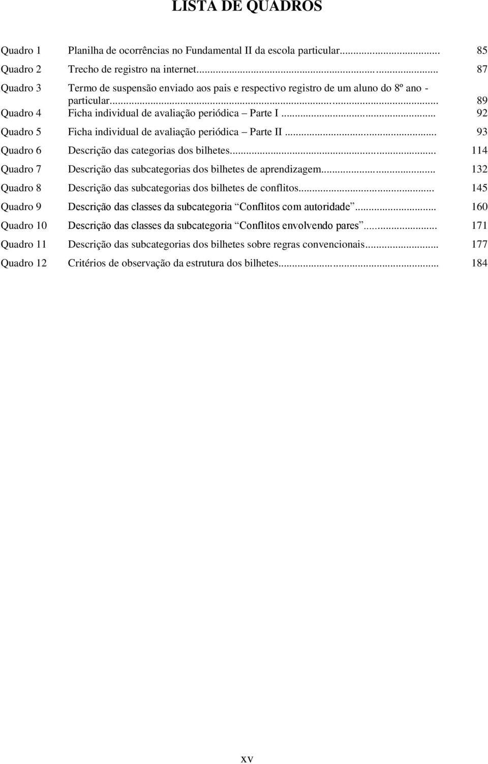 .. 92 Quadro 5 Ficha individual de avaliação periódica Parte II... 93 Quadro 6 Descrição das categorias dos bilhetes... 114 Quadro 7 Descrição das subcategorias dos bilhetes de aprendizagem.