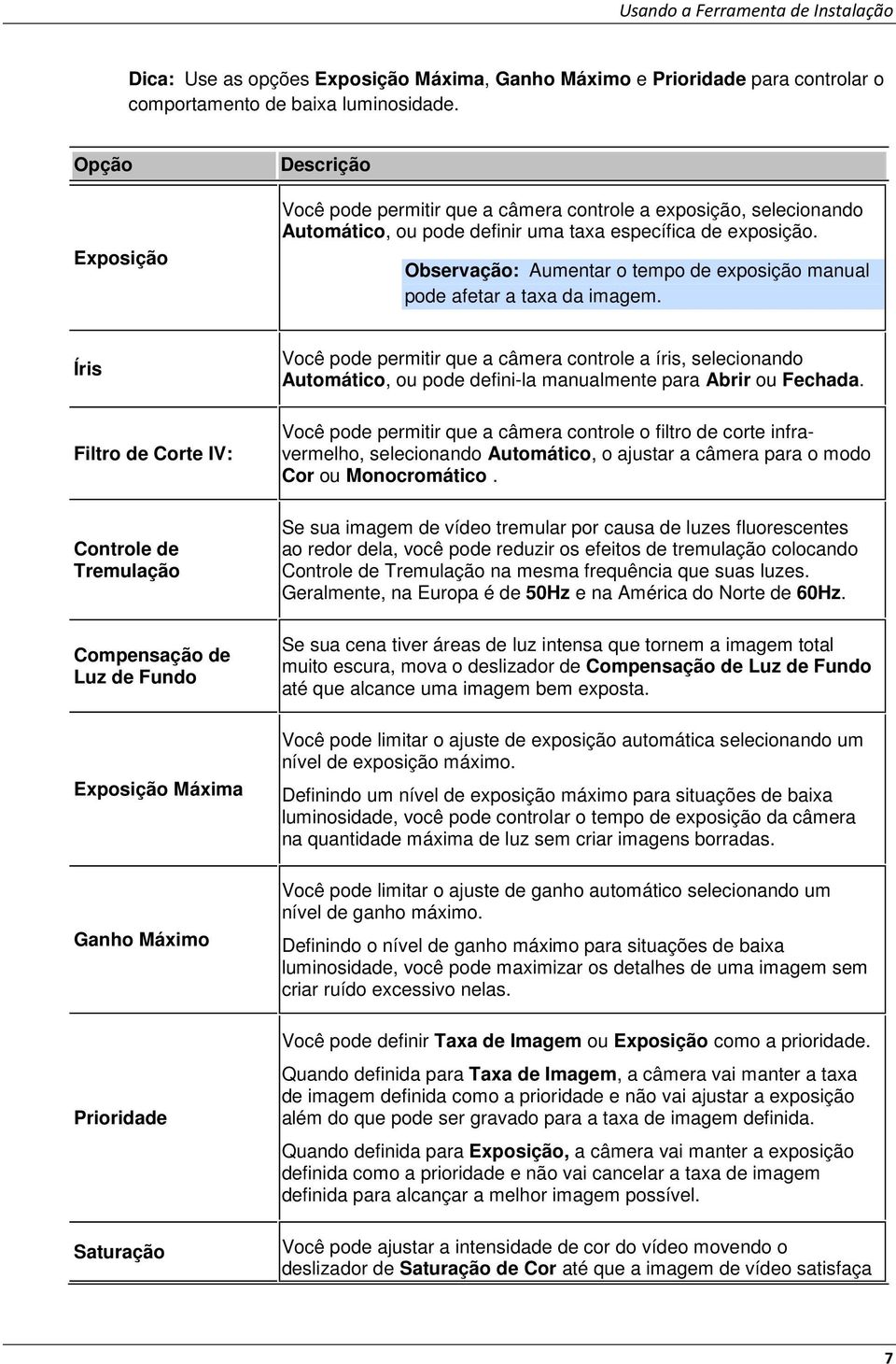 Observação: Aumentar o tempo de exposição manual pode afetar a taxa da imagem.