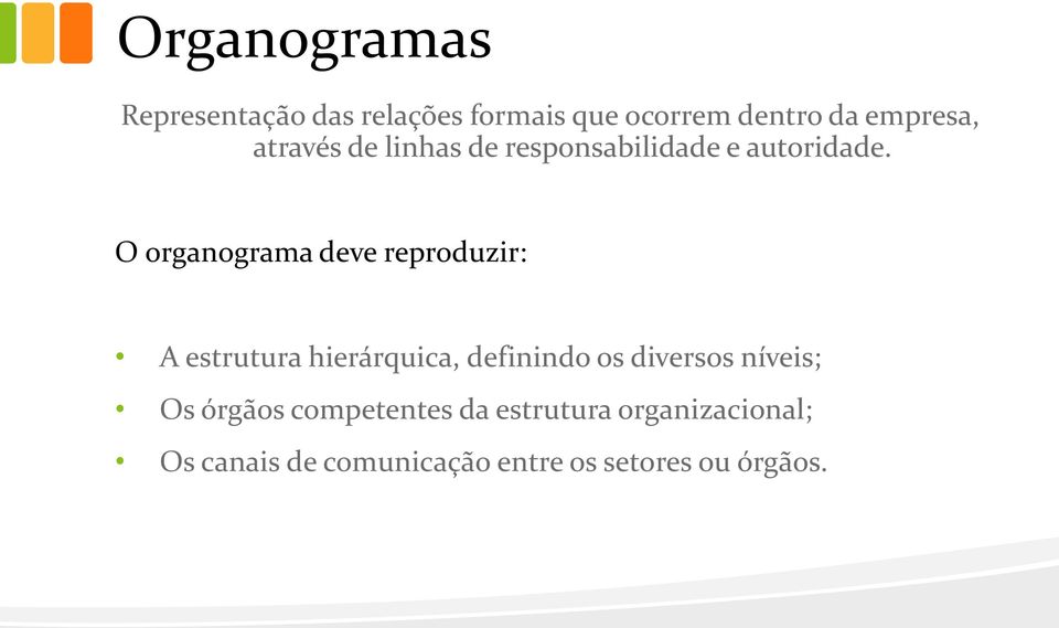 O organograma deve reproduzir: A estrutura hierárquica, definindo os diversos