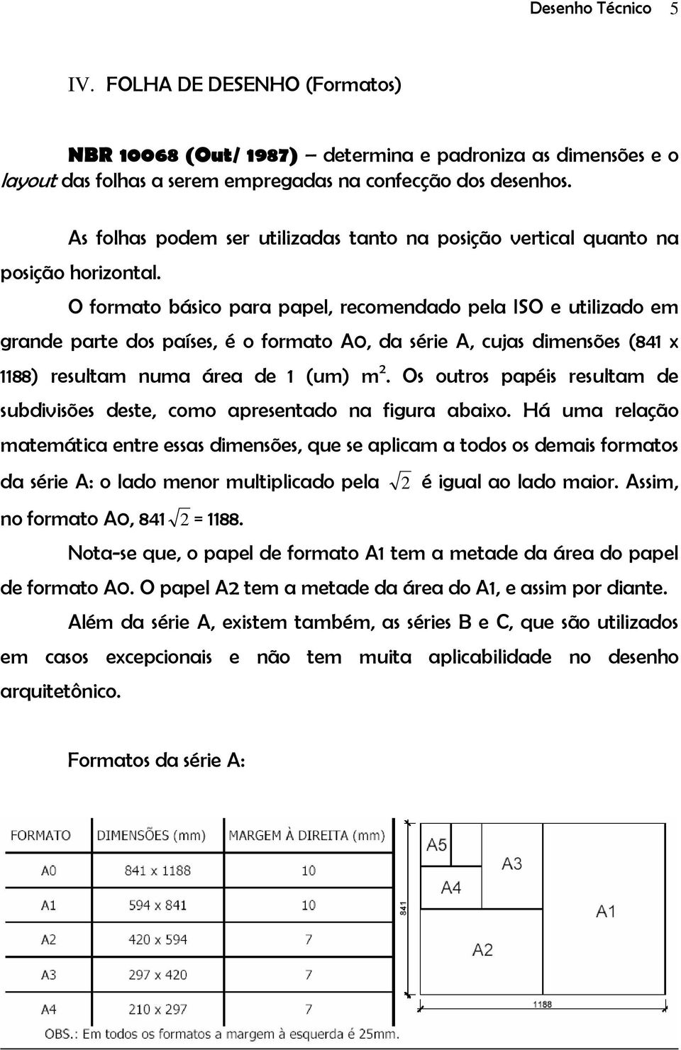 O formato básico para papel, recomendado pela ISO e utilizado em grande parte dos países, é o formato A0, da série A, cujas dimensões (841 x 1188) resultam numa área de 1 (um) m 2.