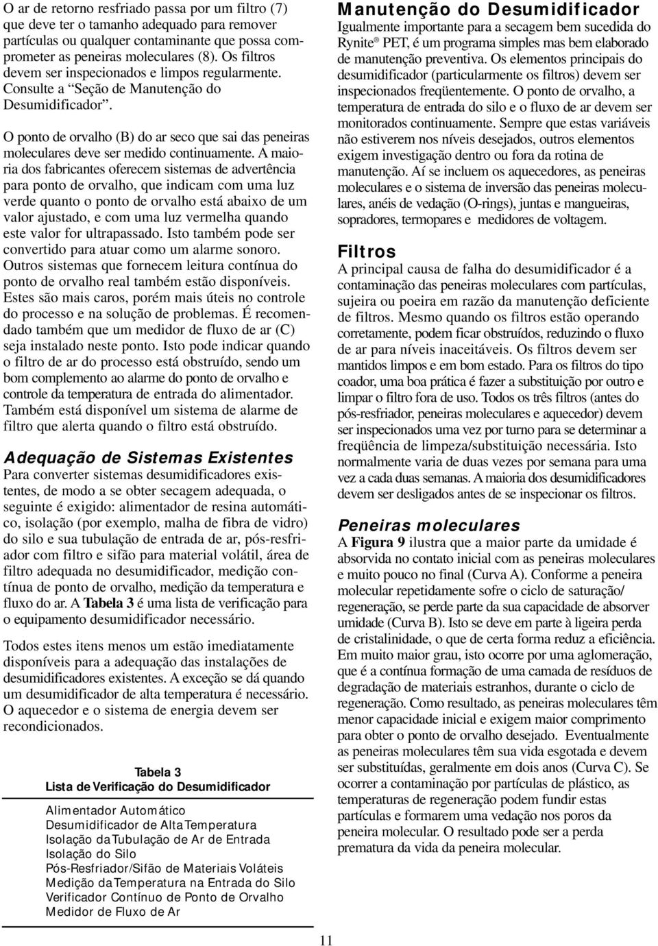 O ponto de orvalho (B) do ar seco que sai das peneiras moleculares deve ser medido continuamente.