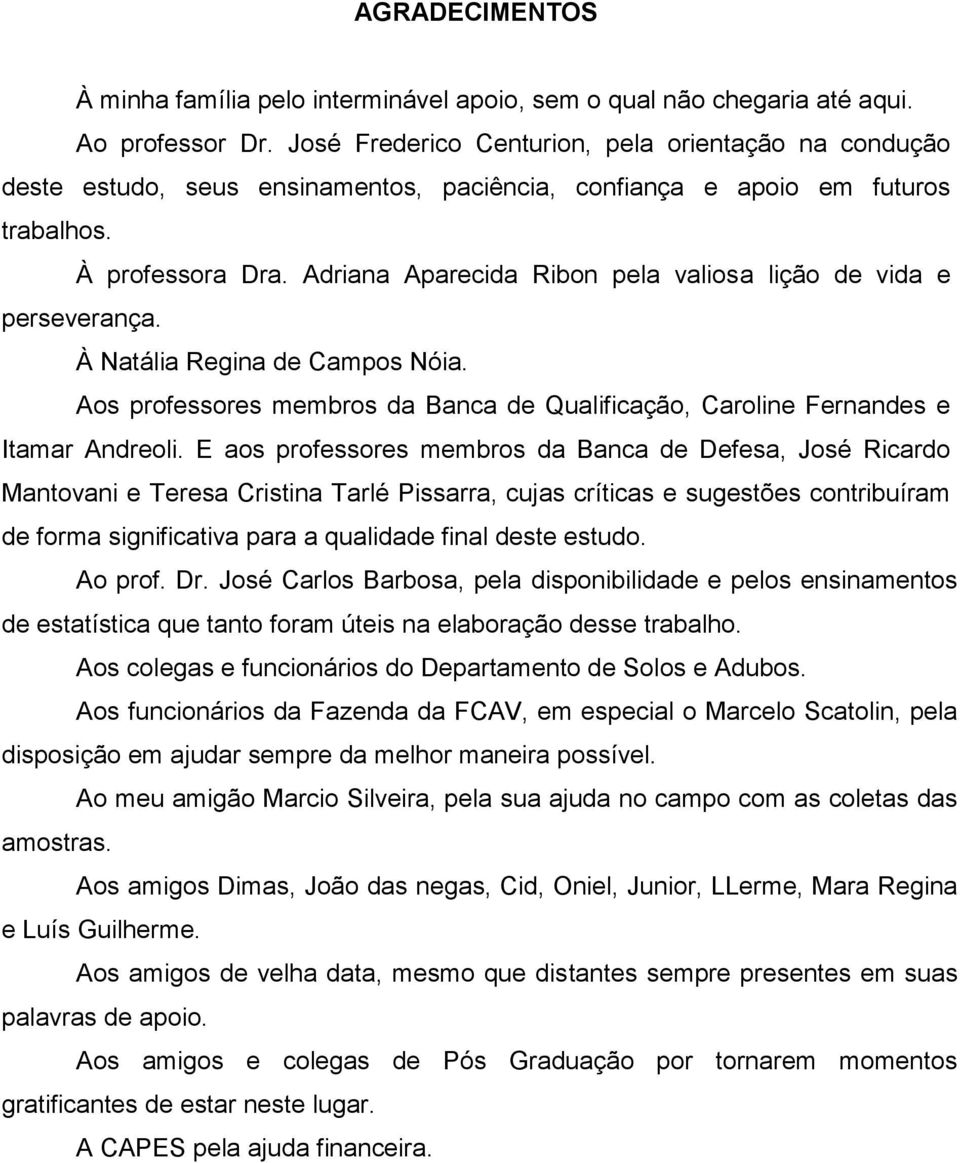 Adriana Aparecida Ribon pela valiosa lição de vida e perseverança. À Natália Regina de Campos Nóia. Aos professores membros da Banca de Qualificação, Caroline Fernandes e Itamar Andreoli.